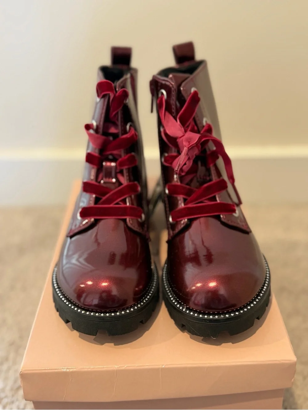 Girls Glossy Burgundy Lace-Up Combat Boots with Velvet Laces